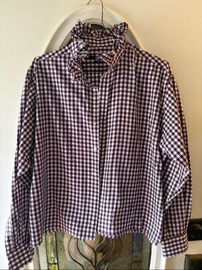 Gingham check Eggplant and White up-cycled Ruffle Collar Button-Down Blouse